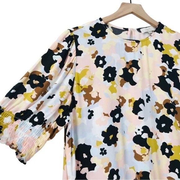 Loft Floral Smocked Short Sleeves Pastels Retro Modest Party Dress - Picture 7 of 10